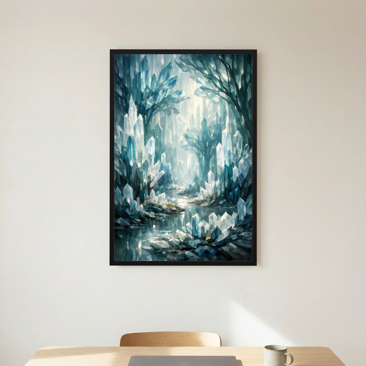 Wandbild: blauer Kristallwald mit Lichtschein und Wasser im schwarzen Rahmen (Hochformat)