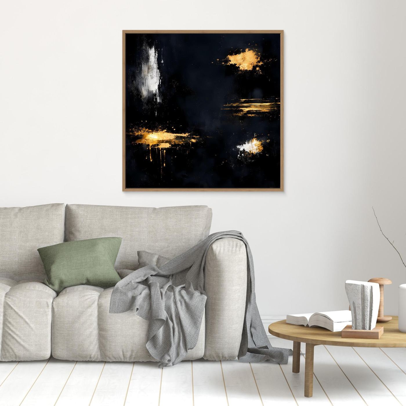 Leinwand Goldene Lichtakzente auf Schwarz | Modernes Abstraktes Minimalismus Wandbild