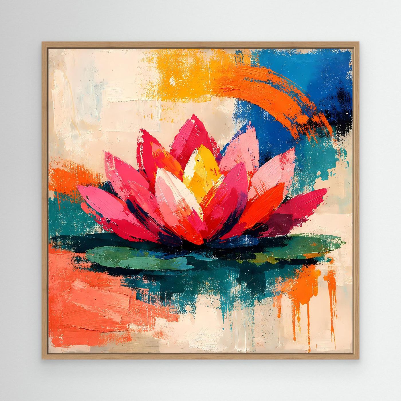 Framed abstract lotus wall art with pink petals, orange and blue strokes, and green base.