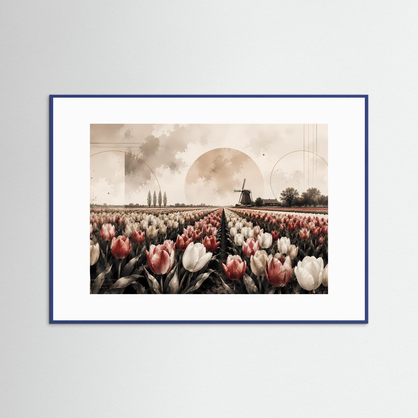 Landschafts-Poster im Querformat mit Tulpenfeld und Windmühle, beiger Rosa- und Creme-Ton, blau gerahmt