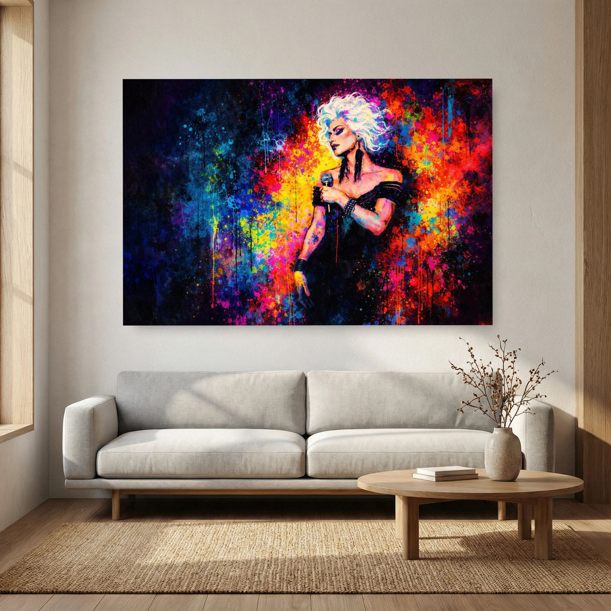Wandbild: Sängerin in Schwarz mit Mikrofon, leuchtende Pop-Art-Farben, Querformat.