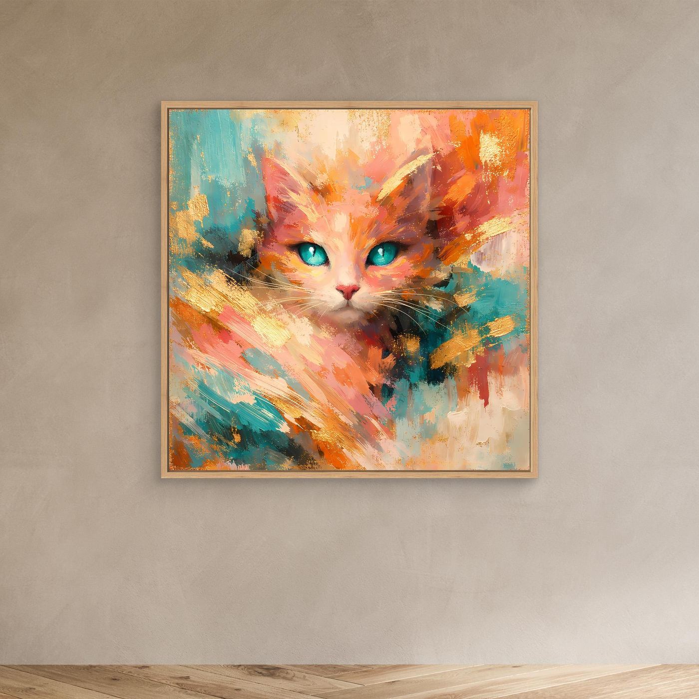 Leinwandbild abstrakte Katze mit türkisen Augen, orange-bunt, im Eichenrahmen