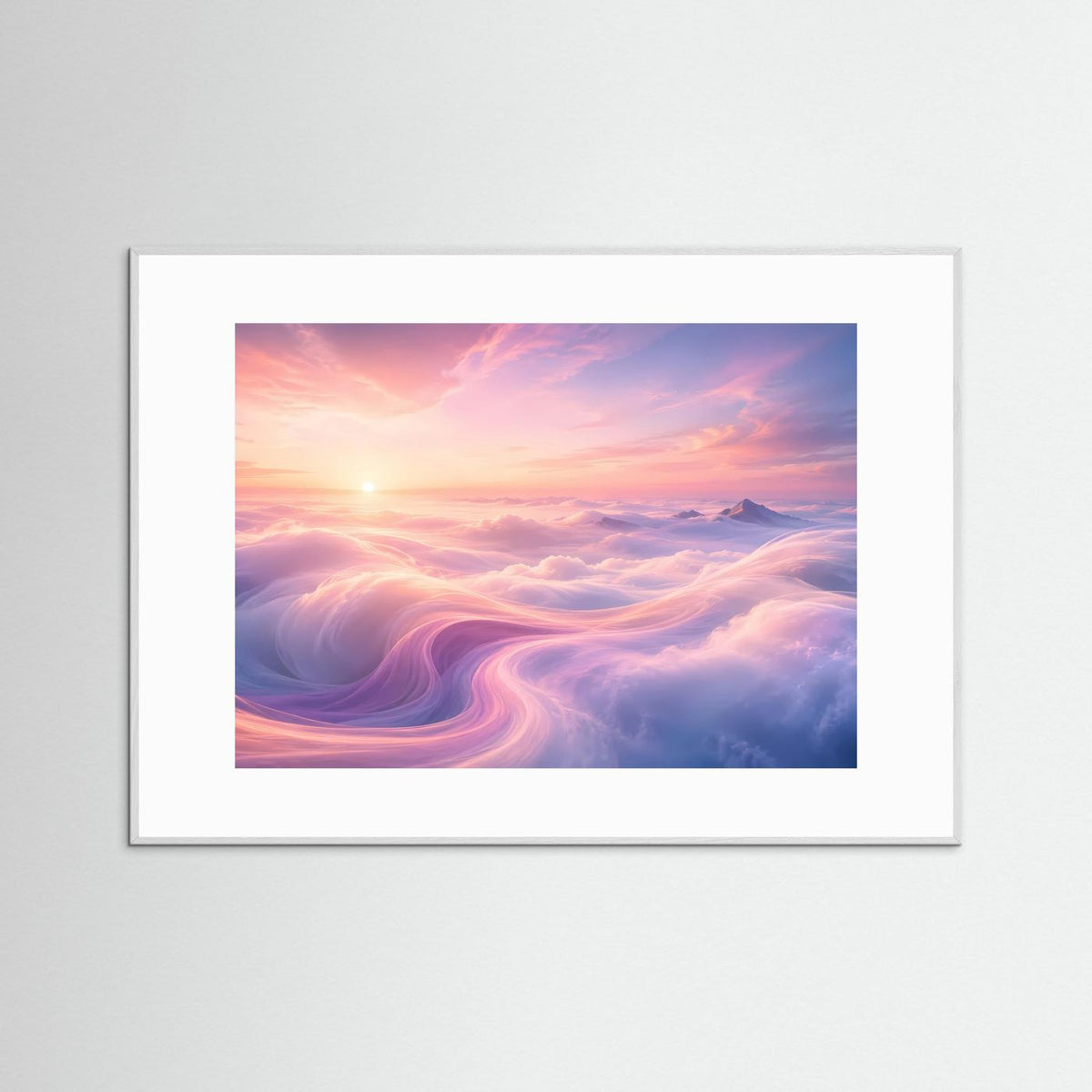 Querformat-Poster mit weißem Rahmen und Sonnenaufgang über Wolken in Rosa, Blau und Violett