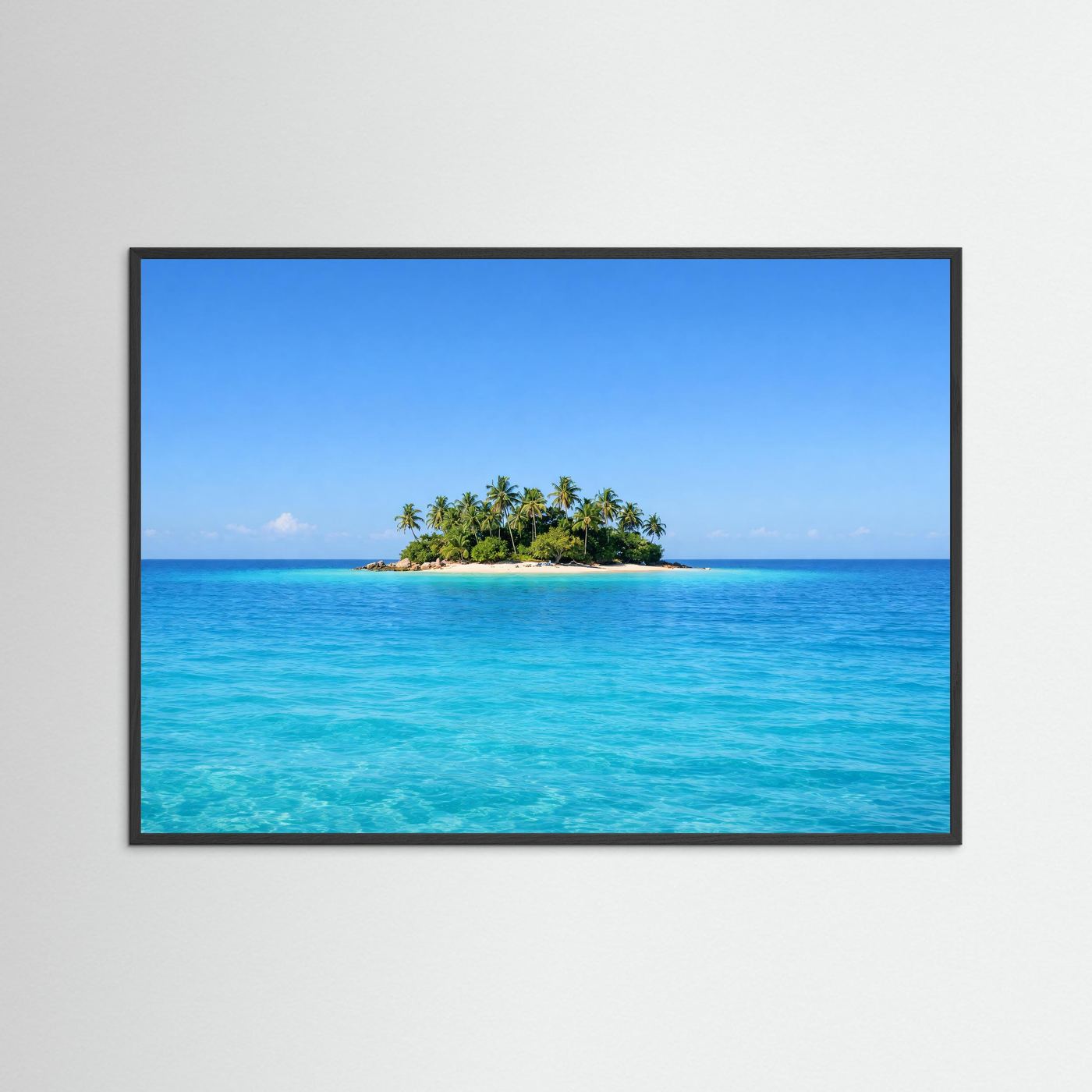 Panorama-Poster im schwarzen Rahmen: tropische Insel mit Palmen im türkisblauen Meer