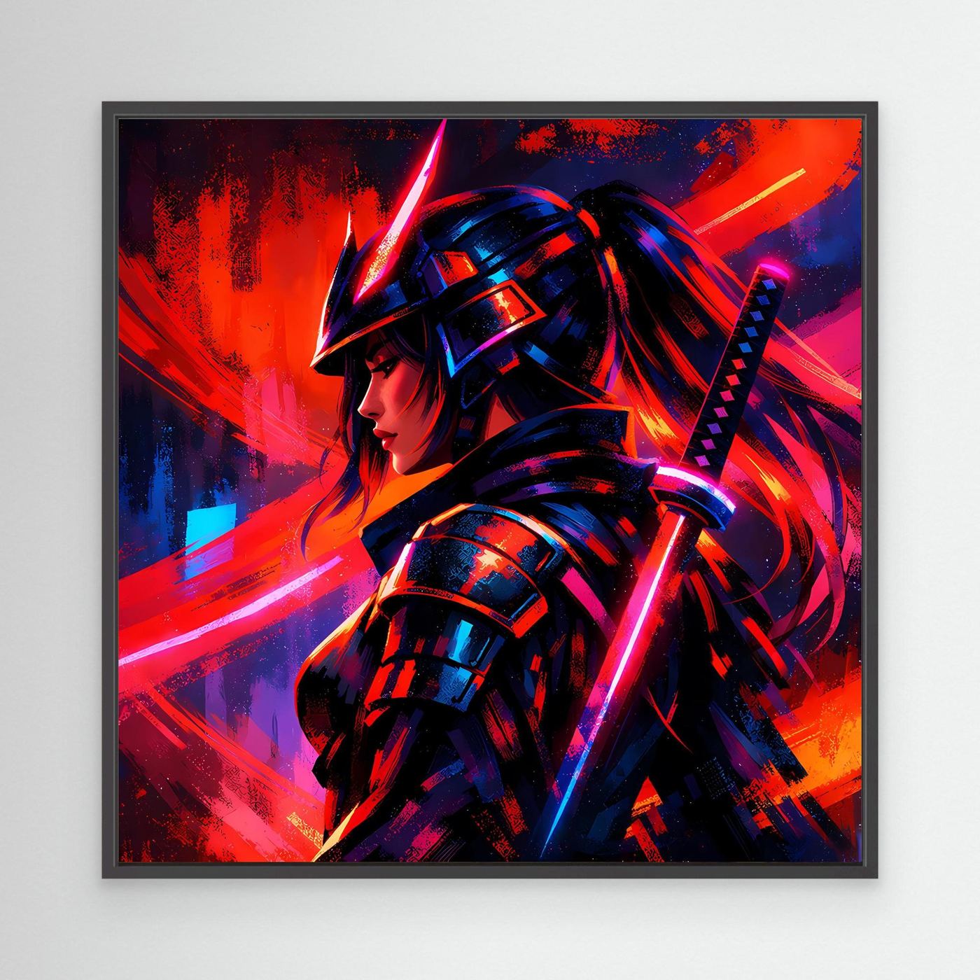 Neon-Leinwandbild Samurai-Kriegerin, abstrakte Grafik, schwarzer Rahmen