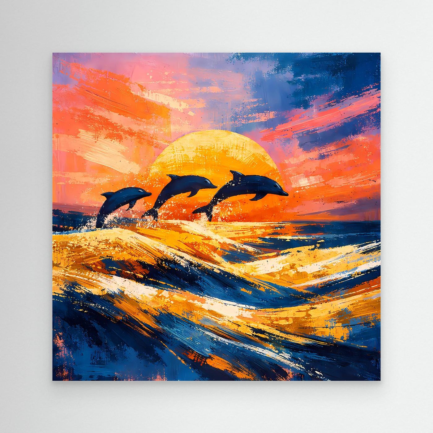 Leinwand Springende Delphine im Sonnenuntergang | Abstraktes Ozean & Meer Wandbild