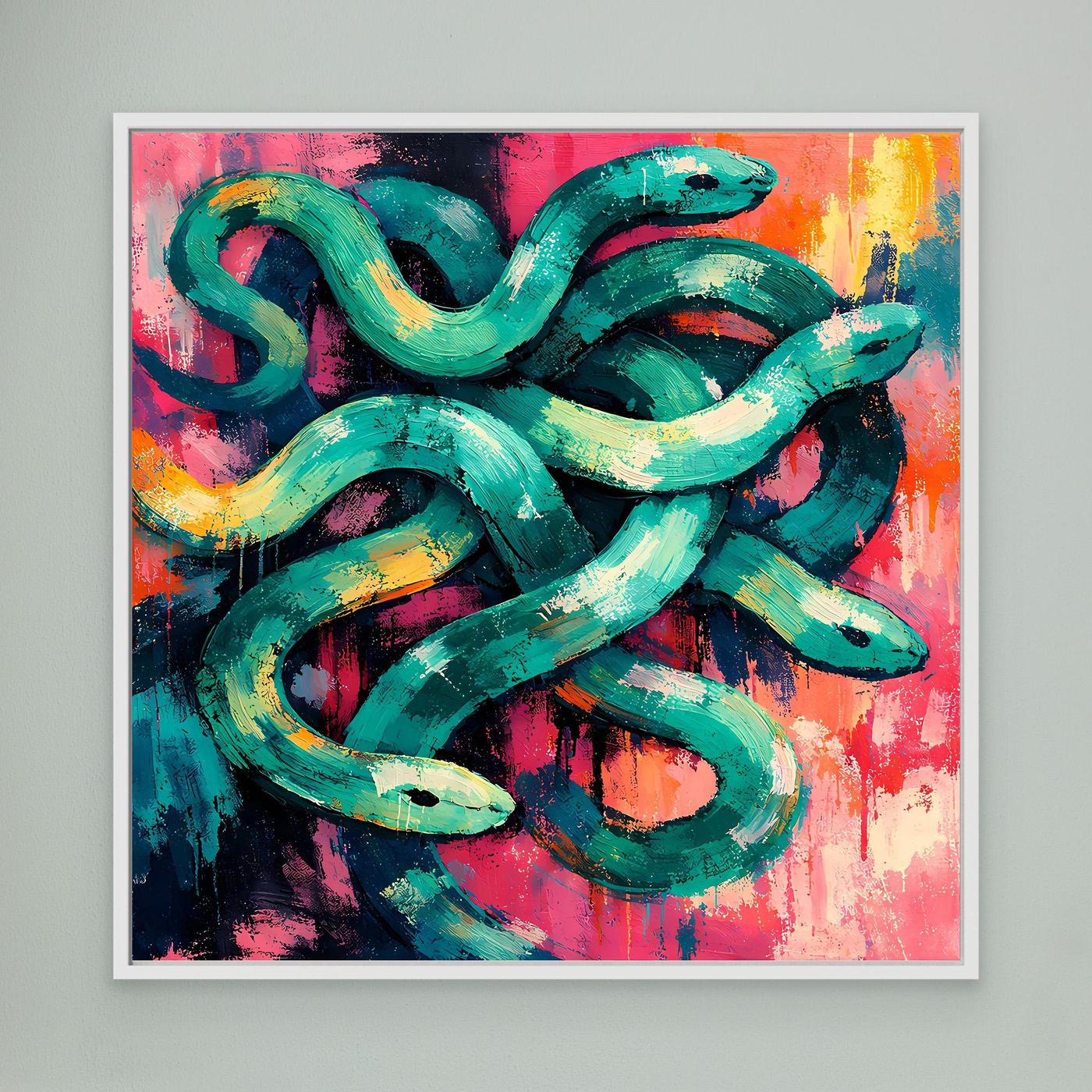 Abstract snake wall art canvas, teal-green coils with pink and orange splashes, white frame