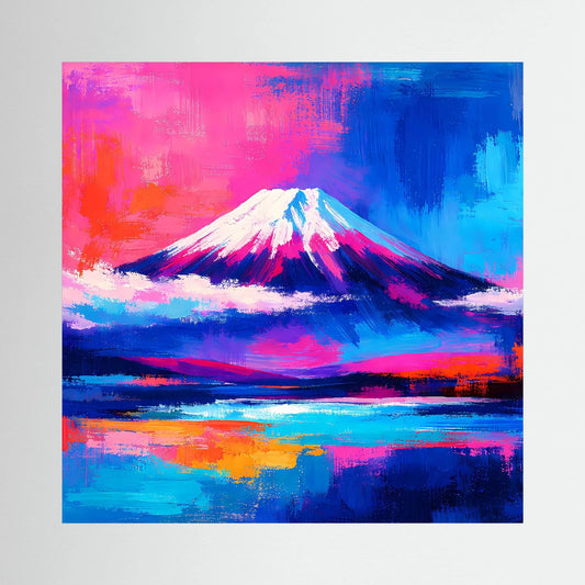 Leinwandbild mit abstraktem Fuji-Motiv und buntem Sonnenuntergang in Blau-Rosa