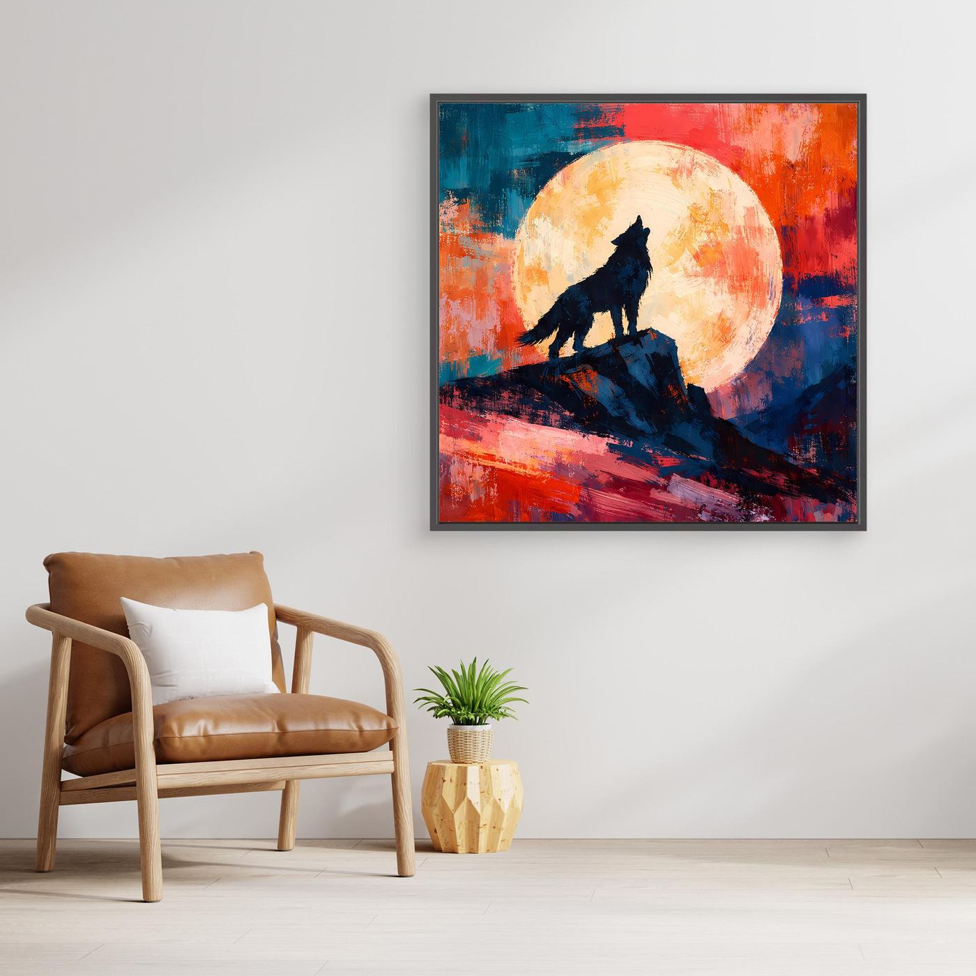 Leinwand Abstraktes Wolf Gemälde | Modernes Mystisches Wandbild Heulender Wolf Vollmond