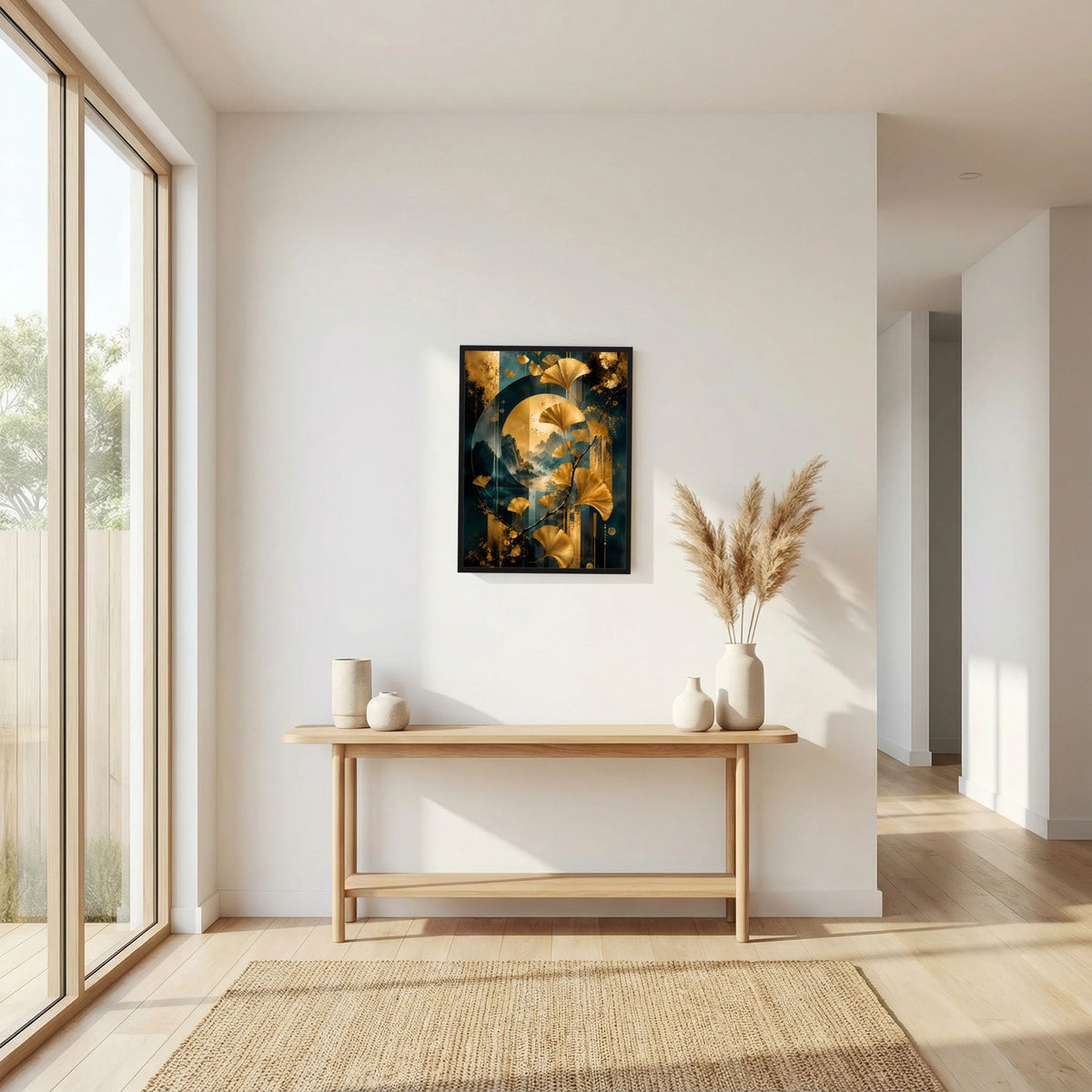 Hochformat-Poster mit goldenen Ginkgo-Blättern auf petrolblauem Hintergrund, schwarzer Rahmen