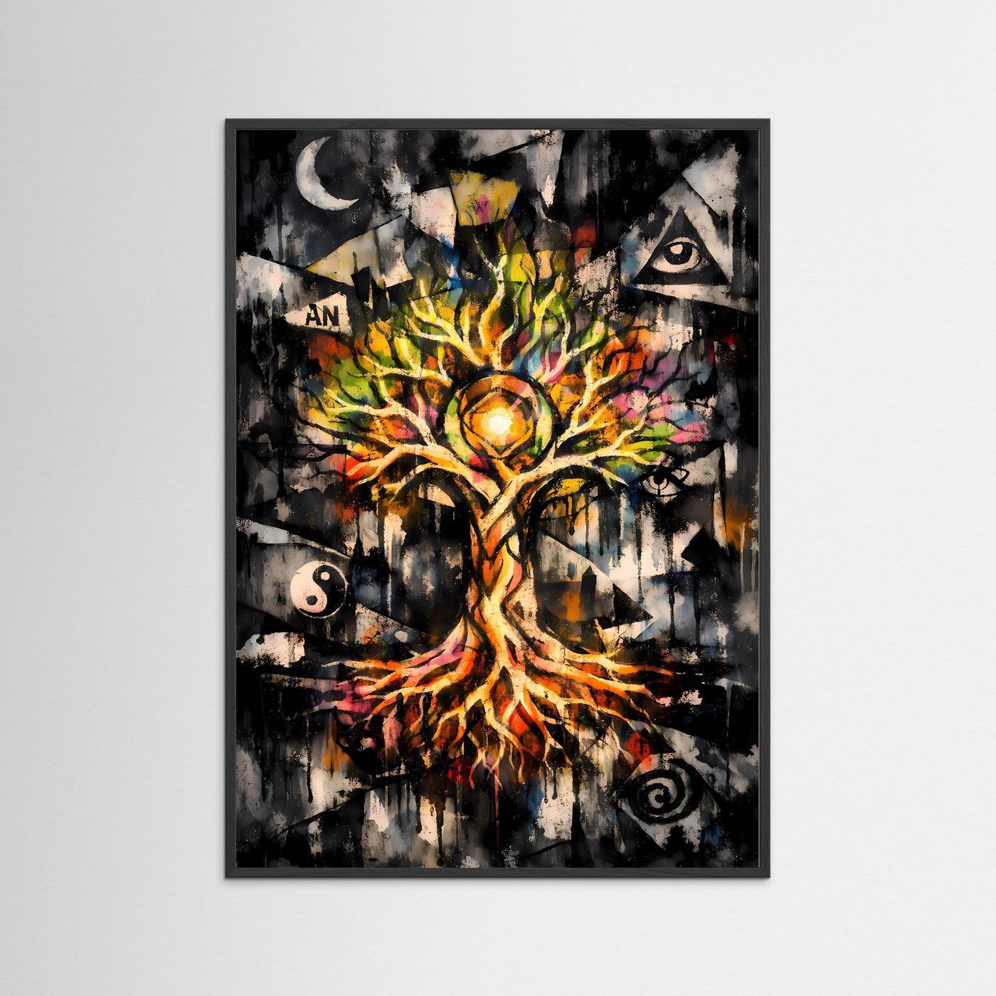 Die Harmonie des Kosmos | Mystisches Lebensbaum Poster mit spirituellen Symbolen | Abstraktes Kunstposter Hochformat