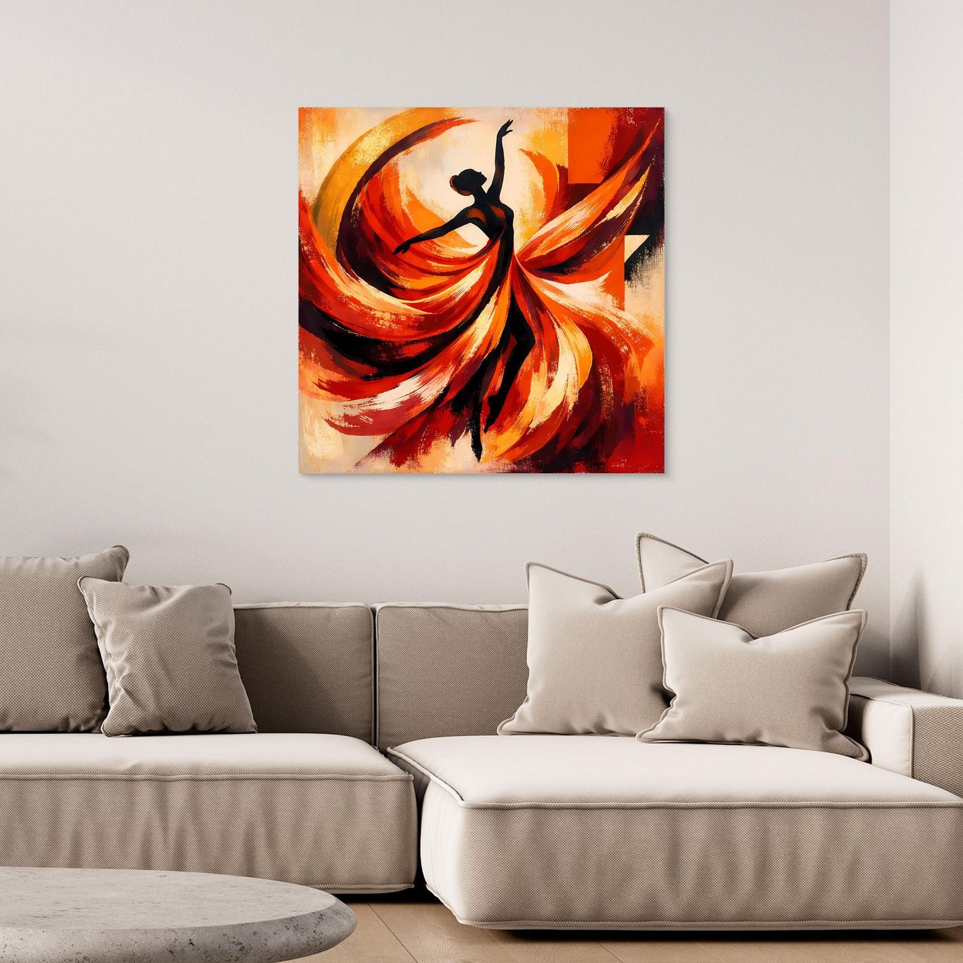 Quadratisches Leinwandbild: abstrakte Ballerina in Orange-Rot mit schwarzer Silhouette.