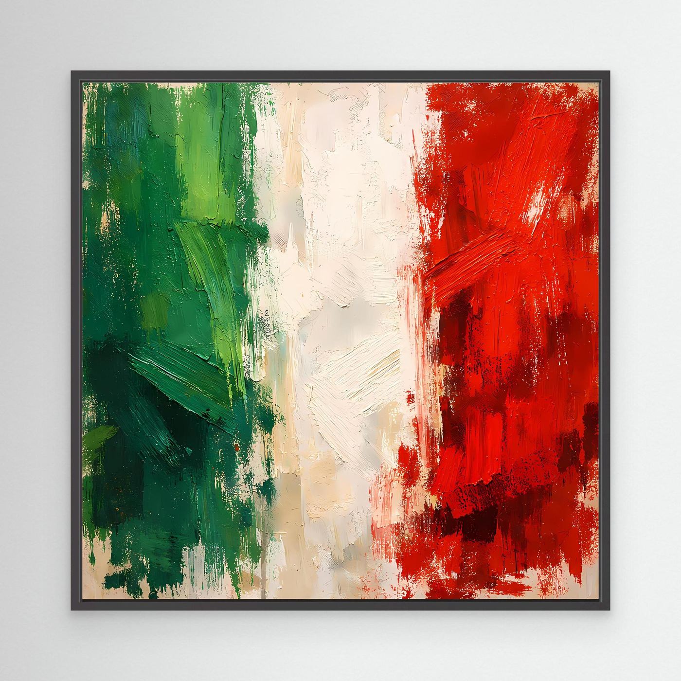 Abstract wall canvas print with green, white, and red brushstroke flag in black frame