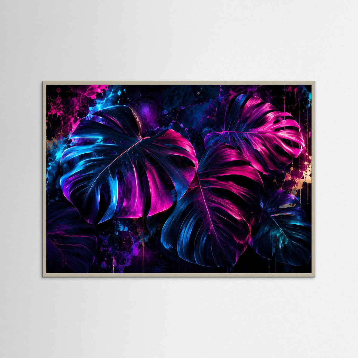 Neon-Monstera-Wandbild im silbergrauen Rahmen, abstrakte tropische Blätter in Pink und Blau