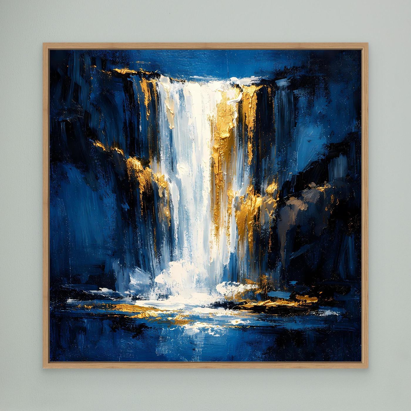 Leinwand Abstraktes Wasserfall Gemälde in Dunkelblau und Gold | Modernes Natur Wandbild