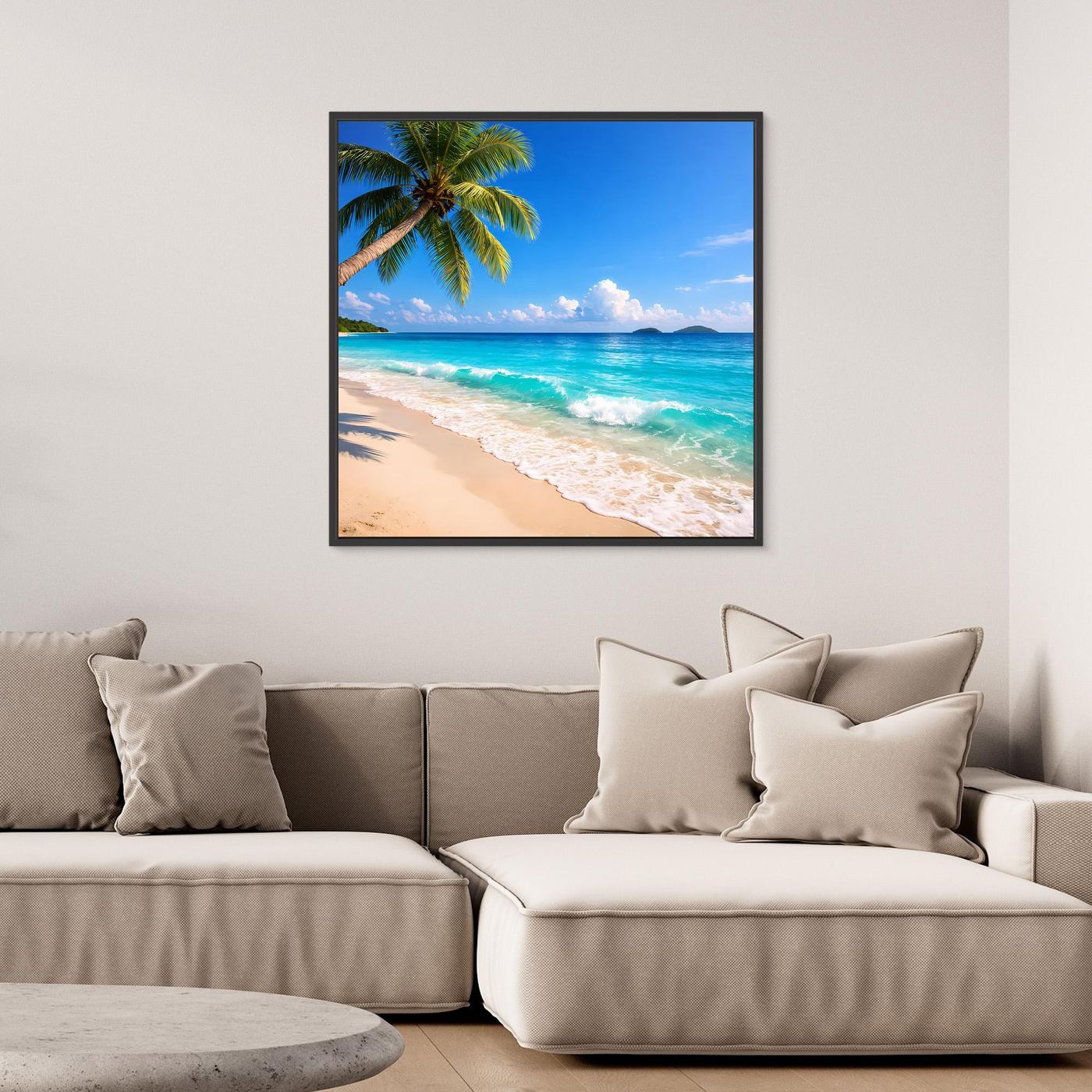 Leinwandbild Tropischer Strand mit Palme über türkisblauem Meer, hellem Sand und Wolken