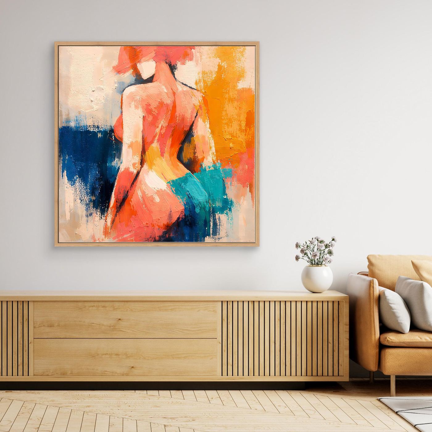 Canvas wall art print of abstract female back silhouette, wooden frame, orange blue teal