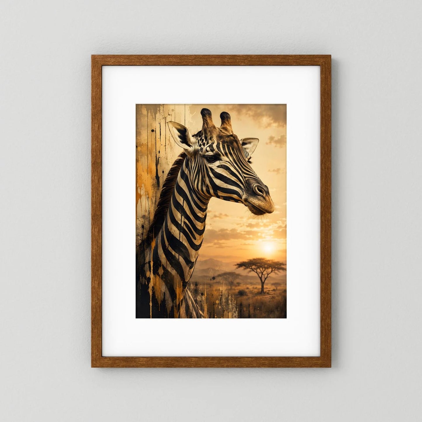 Tierposter im Hochformat: Giraffe im Zebra-Look, brauner Holzrahmen mit weißem Rand
