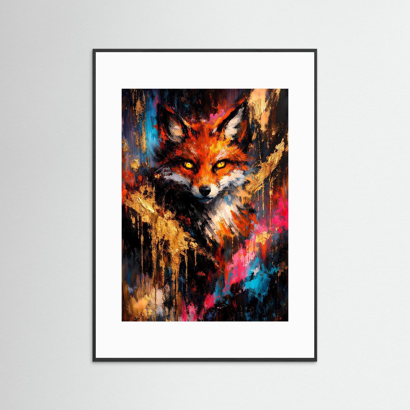Fuchs-Kunstposter, hochkant, mit schwarzem Rahmen und weißem Passepartout.