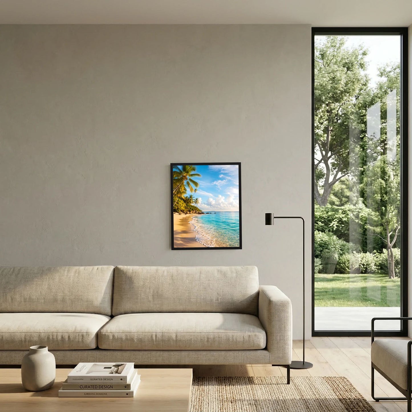 Hochformatiges Strand-Poster mit Palmen im schwarzen Rahmen neben beigem Sofa