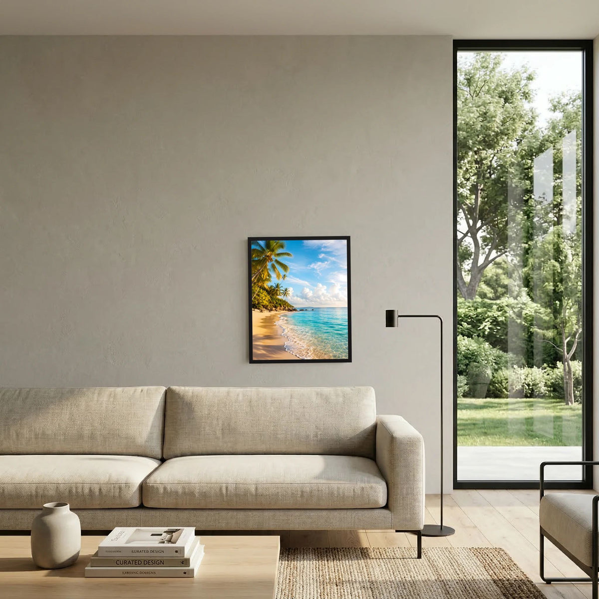 Hochformatiges Strand-Poster mit Palmen im schwarzen Rahmen neben beigem Sofa