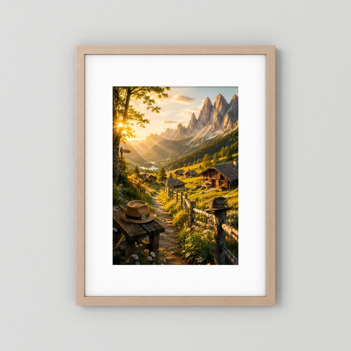 Hochformat-Poster mit hellem Holzrahmen und Passepartout: Alpenlandschaft mit Sonnenstrahlen