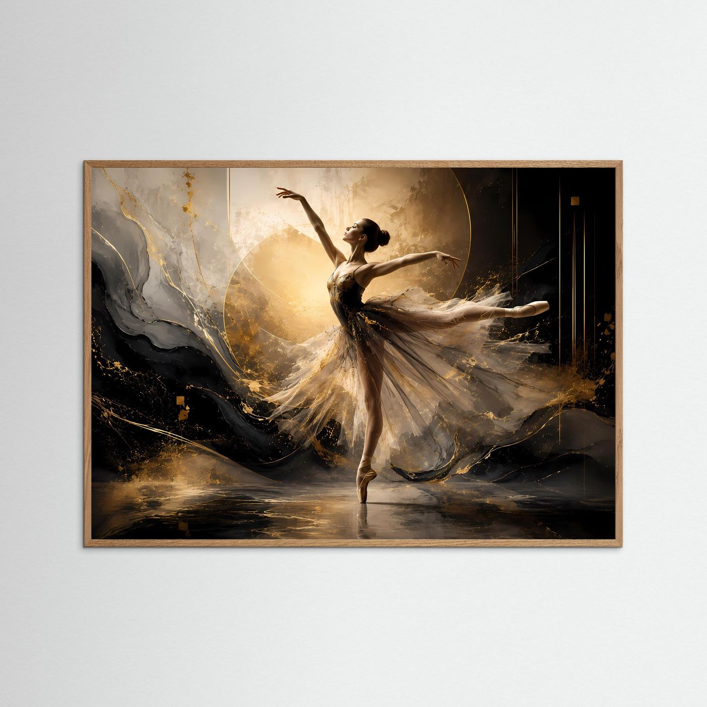 Gerahmtes Poster im Querformat mit Balletttänzerin in Schwarz, Creme und Gold, heller Holzrahmen