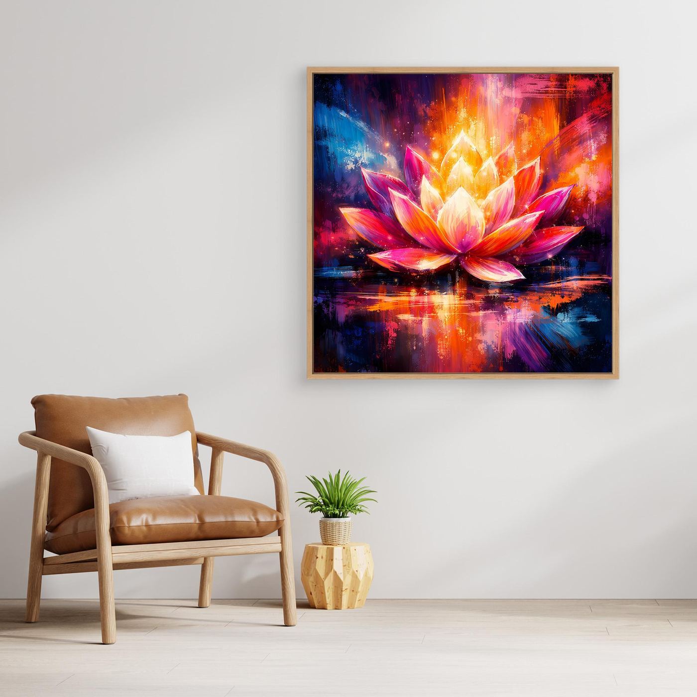 Wandbild mit abstrakter Lotusblüte, bunte Farben, hellbrauner Holzrahmen