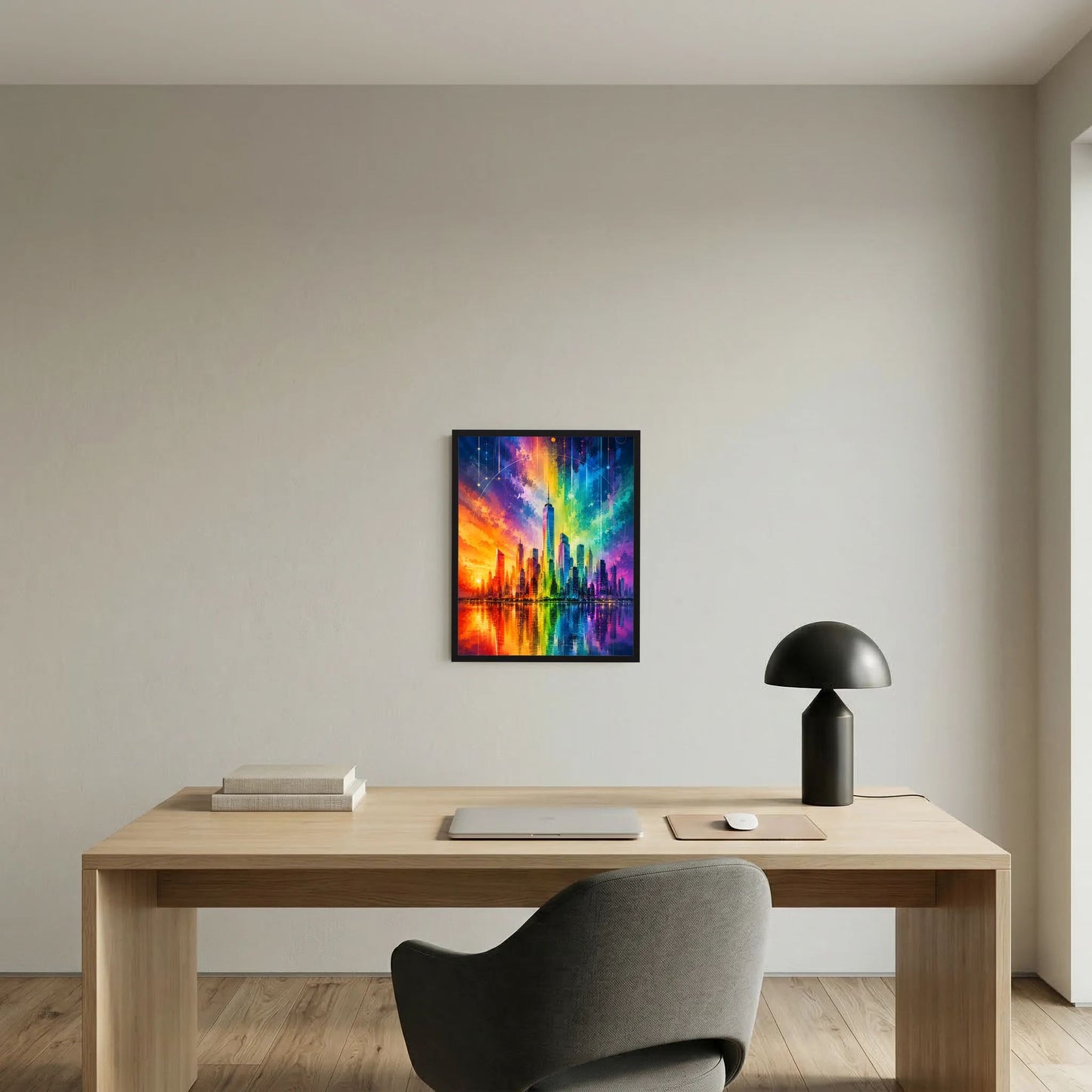 Gerahmtes Stadtposter mit abstrakter Skyline in leuchtenden Regenbogenfarben und Spiegelbild