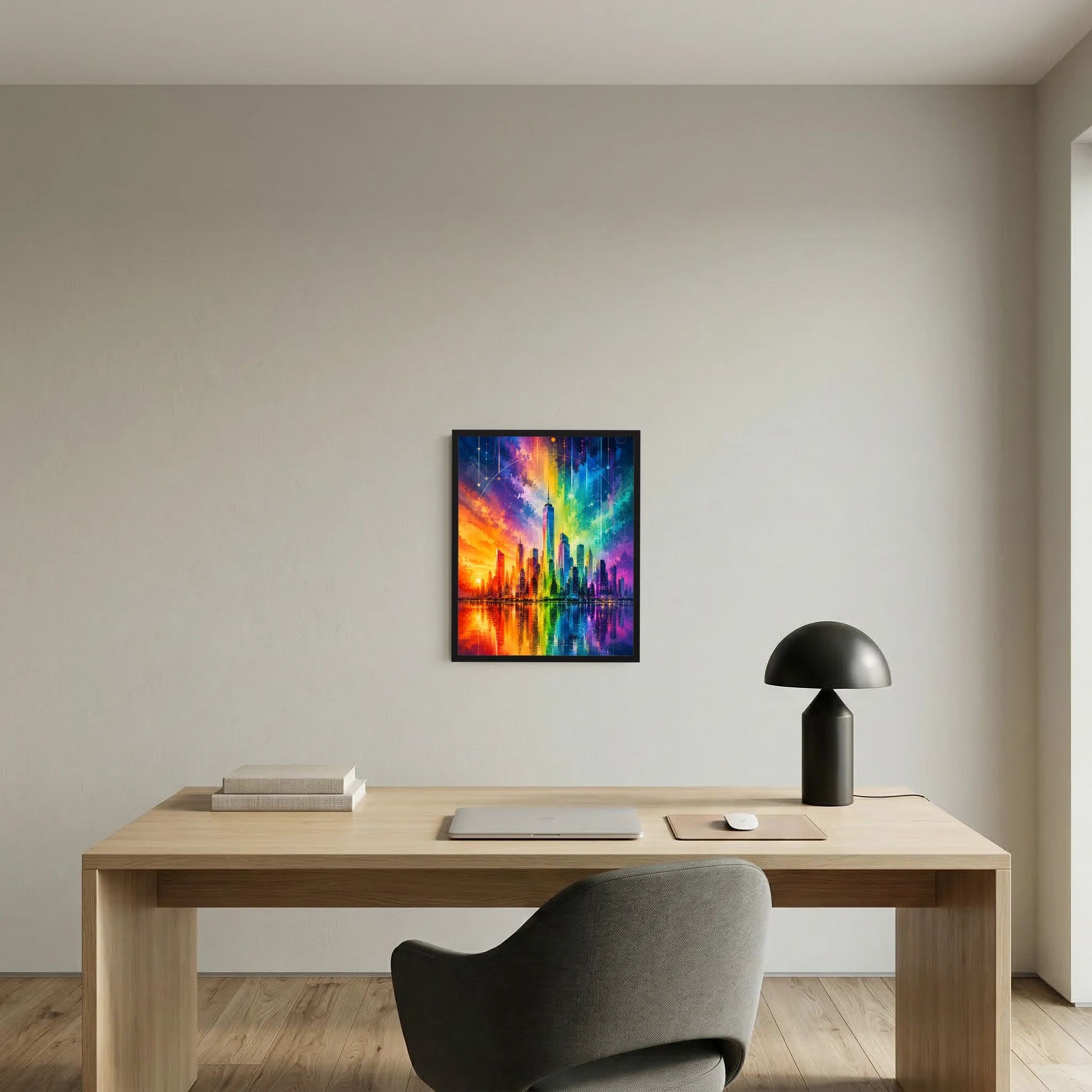Gerahmtes Stadtposter mit abstrakter Skyline in leuchtenden Regenbogenfarben und Spiegelbild