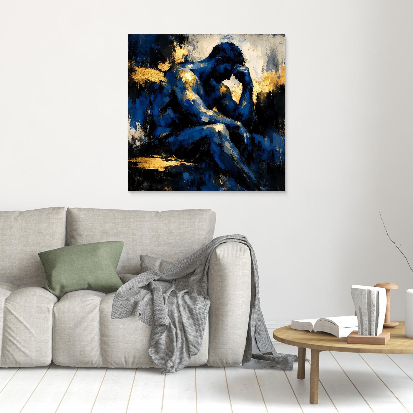 Leinwand Der Denker in Blau | Abstraktes Männersilhouette Wandbild Gold