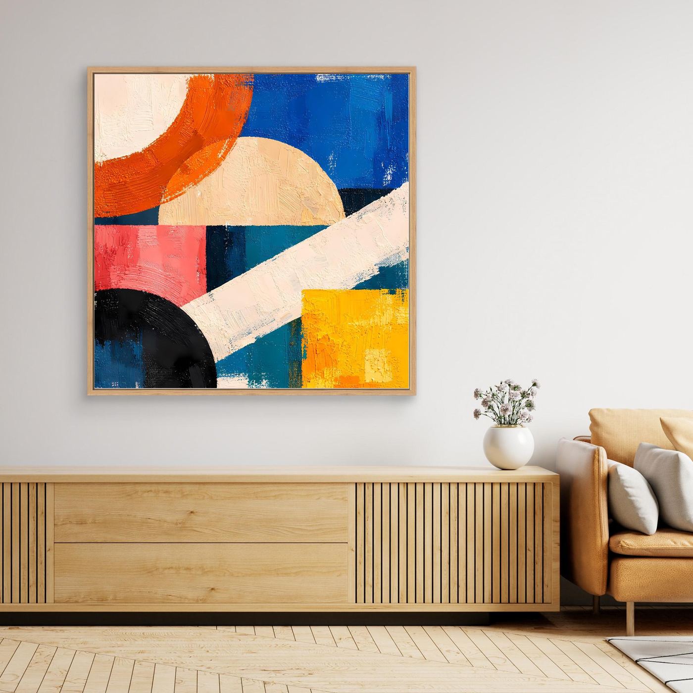 Framed abstract geometric canvas wall art with blue, orange, red, yellow and white shapes