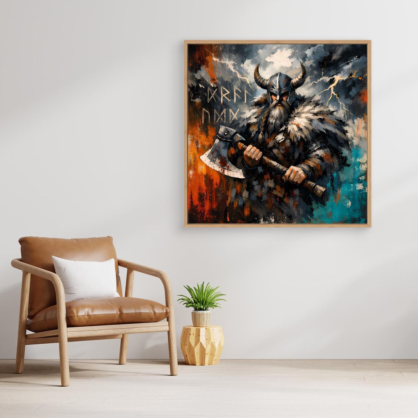 Abstraktes Leinwand-Wandbild mit Wikingerkrieger und Streitaxt, heller Holzrahmen