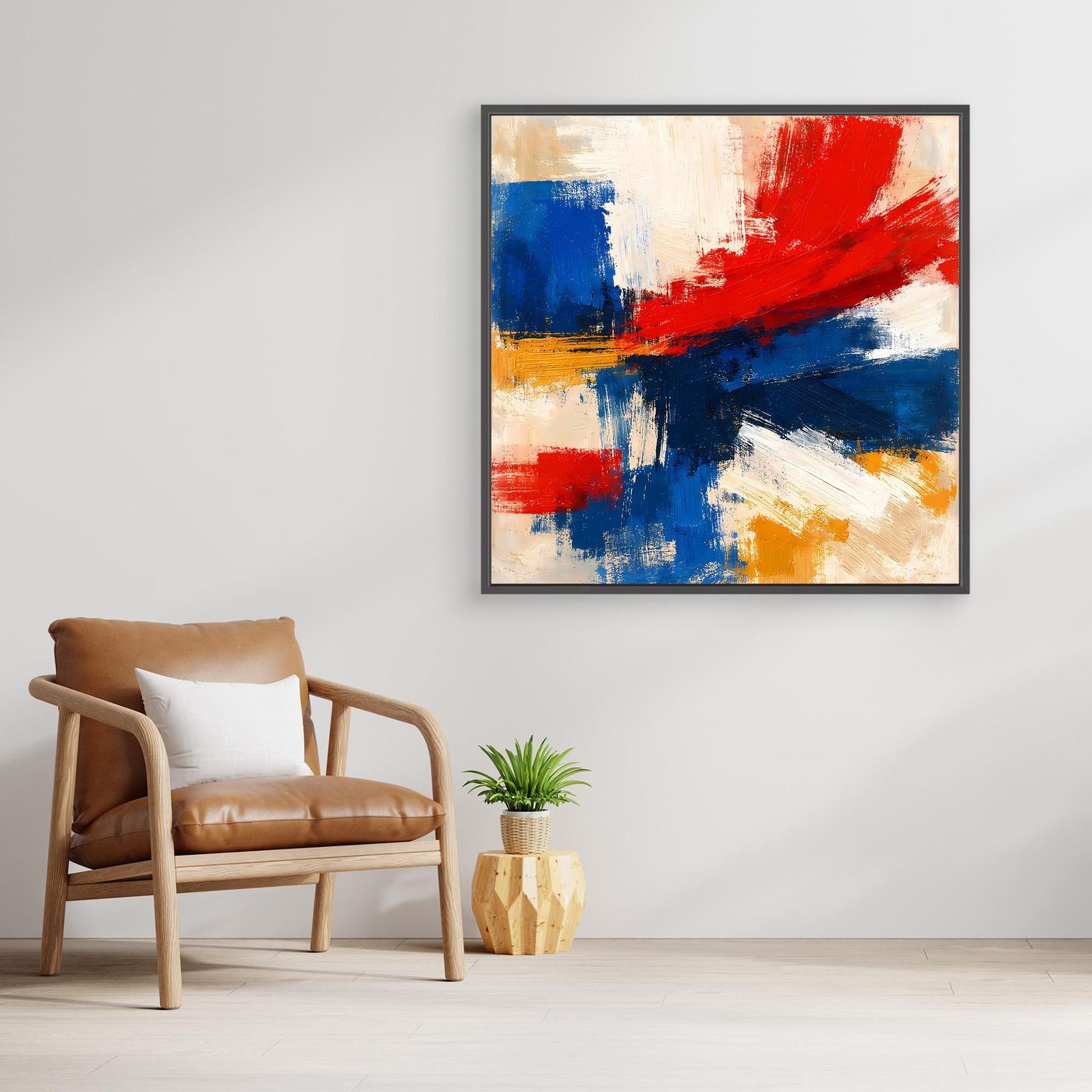 Abstract wall art canvas with blue, red, white, and yellow brush strokes; black frame