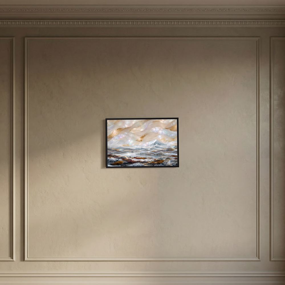 Kleines Poster mit abstrakter Winterlandschaft, Berge und See; schwarzer Rahmen