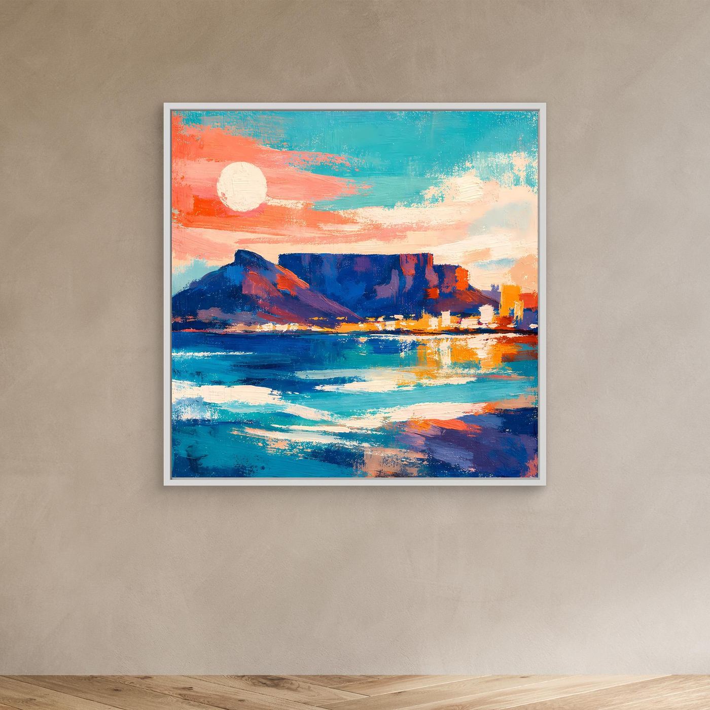 Abstraktes Leinwandbild mit Sonne am Horizont, Bergsilhouette, Meer und Skyline im weißen Rahmen