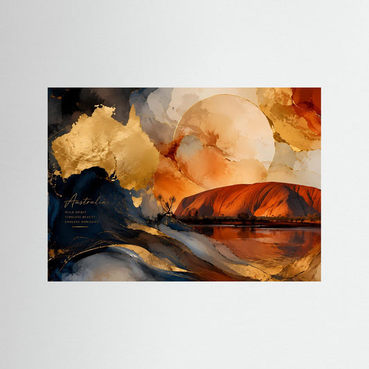 Querformat-Poster mit abstrakter Alcohol-Ink-Landschaft und Uluru, ohne Rahmen