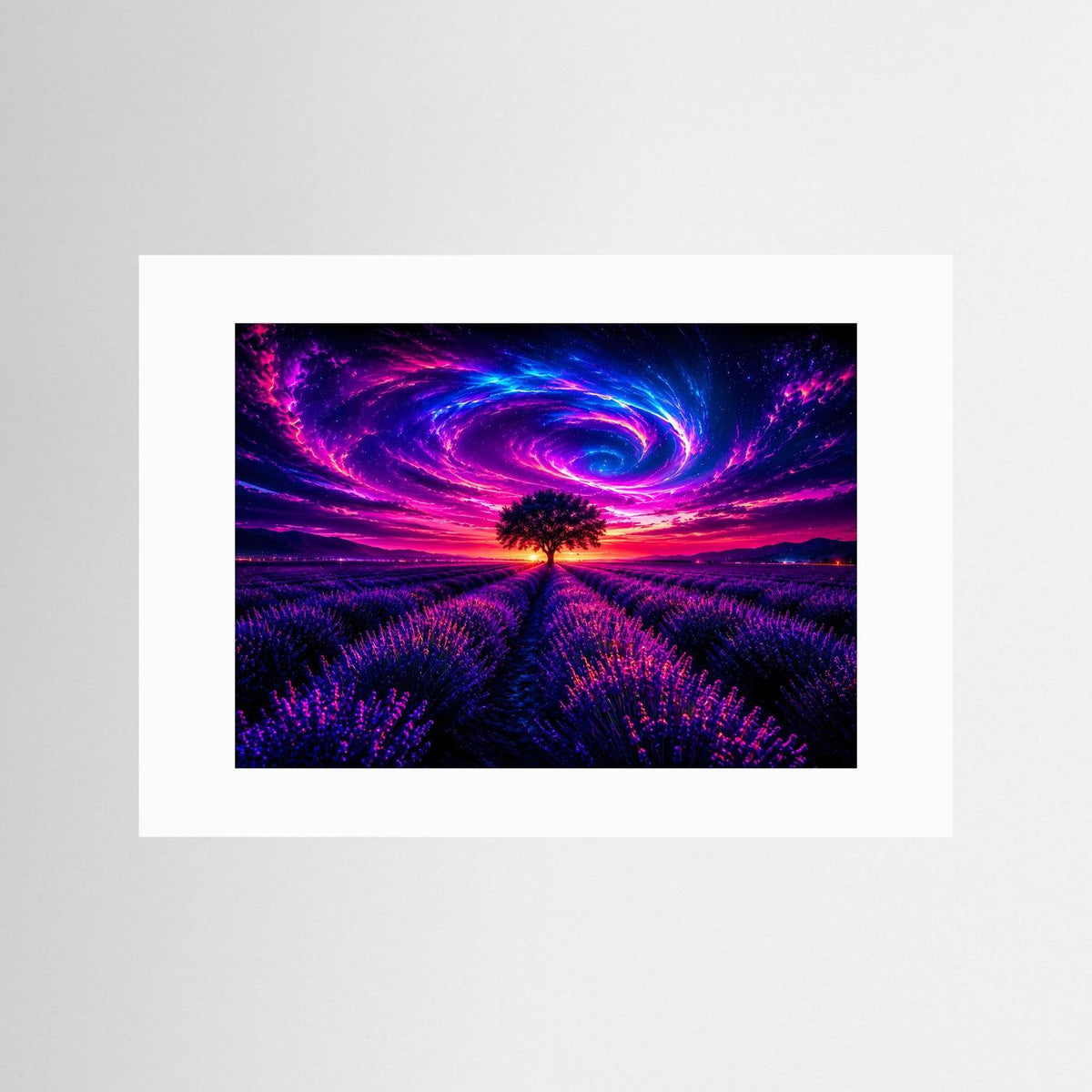 Neon-Wandbild mit weißem Passepartout: lila Lavendelfeld, Galaxiespirale und Baum-Motiv.
