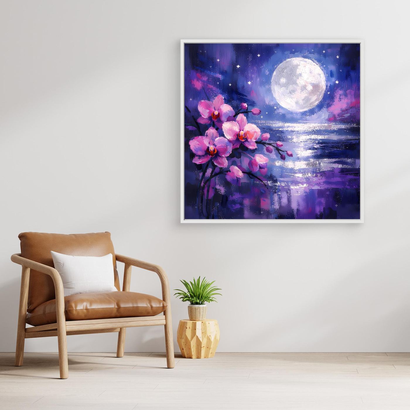 Leinwand-Wandbild mit Mondschein-See, rosa Orchideenast und funkelndem Sternenhimmel