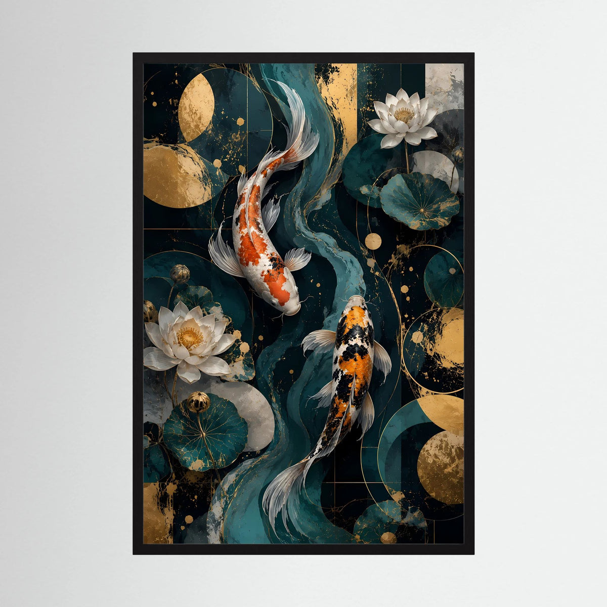 Hochformat-Poster mit drei Koi-Fischen, goldenen Punkten und weißen Lotusblüten