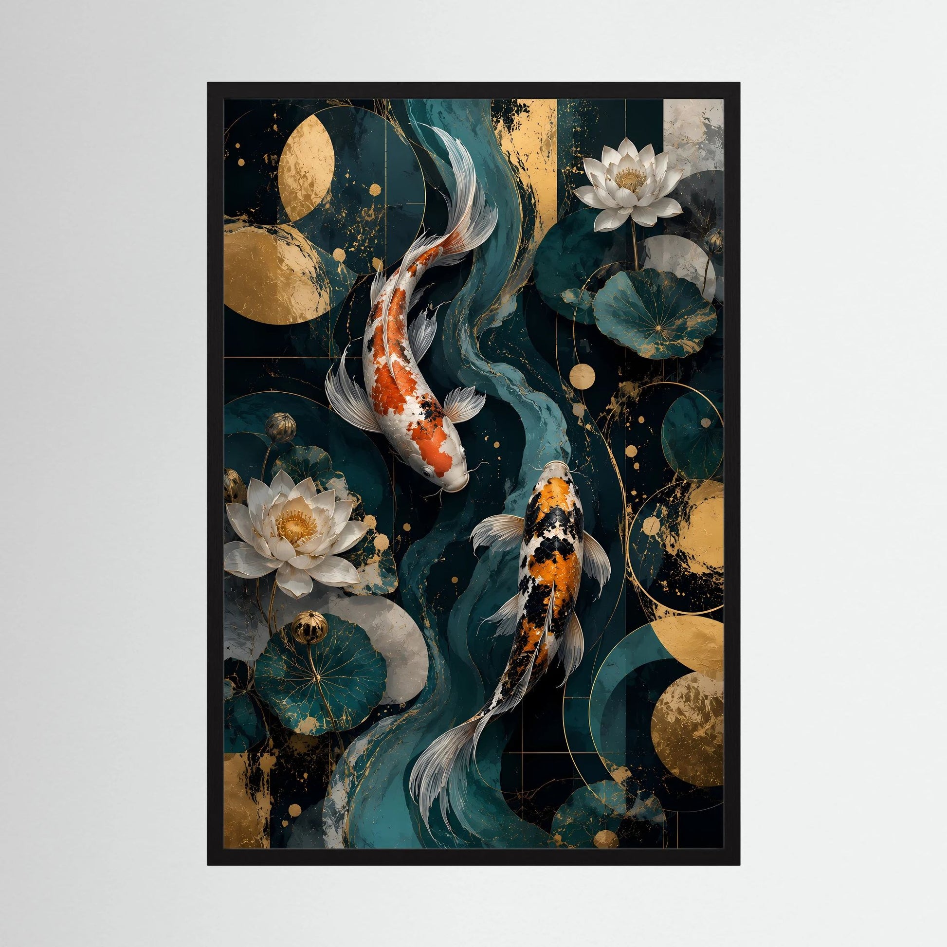 Hochformat-Poster mit drei Koi-Fischen, goldenen Punkten und weißen Lotusblüten
