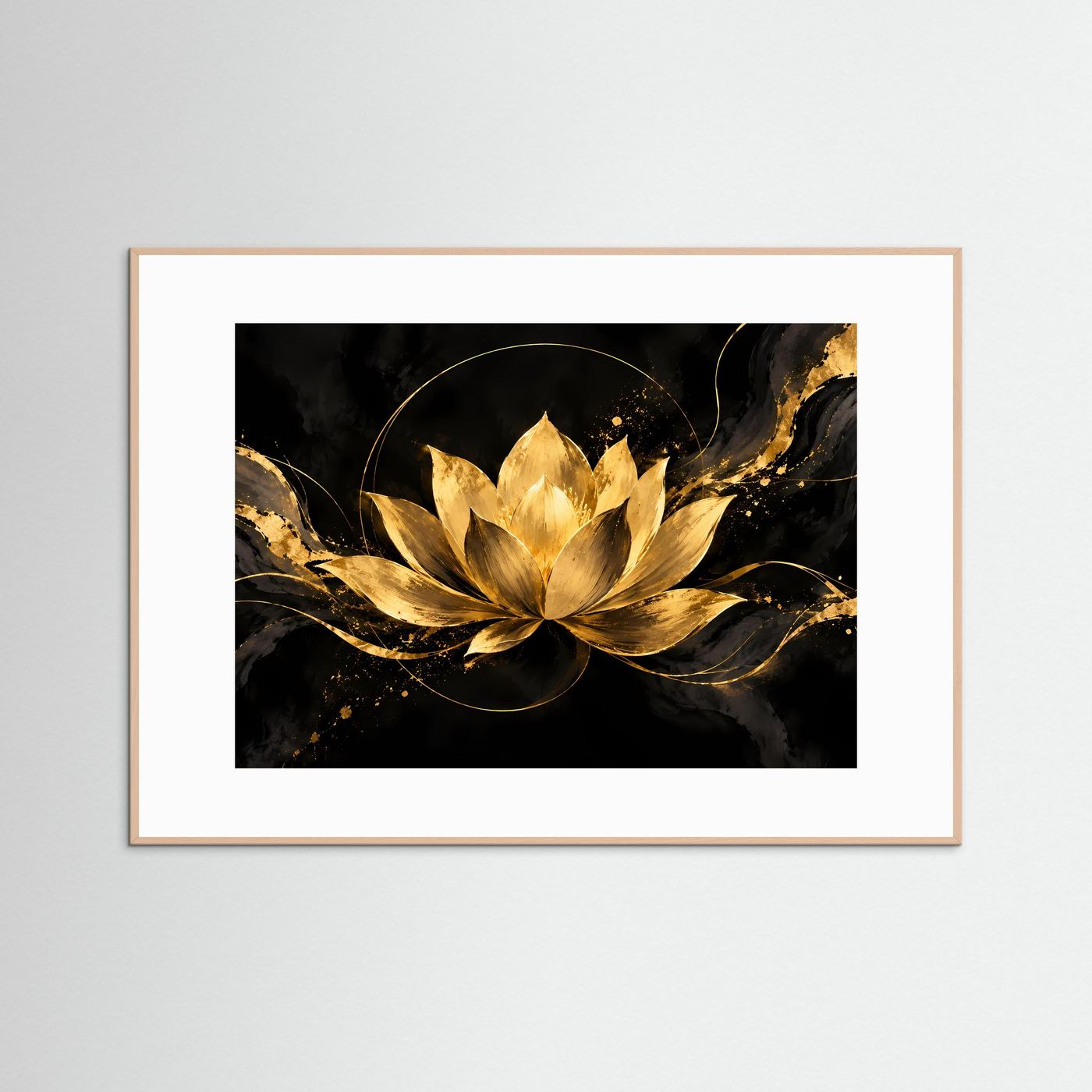 Poster mit goldener Lotusblüte, dunklem Hintergrund, heller Holzrahmen mit weißer Einfassung