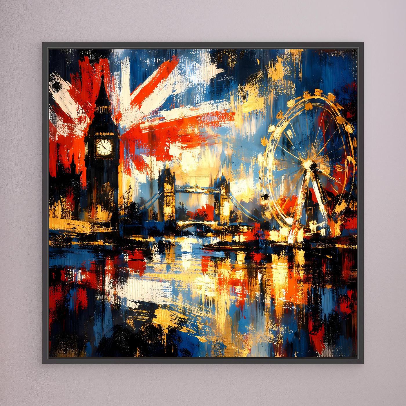 Abstraktes Leinwandbild mit dunklem Rahmen, Union-Jack-Farbakzenten, Skyline und Riesenrad