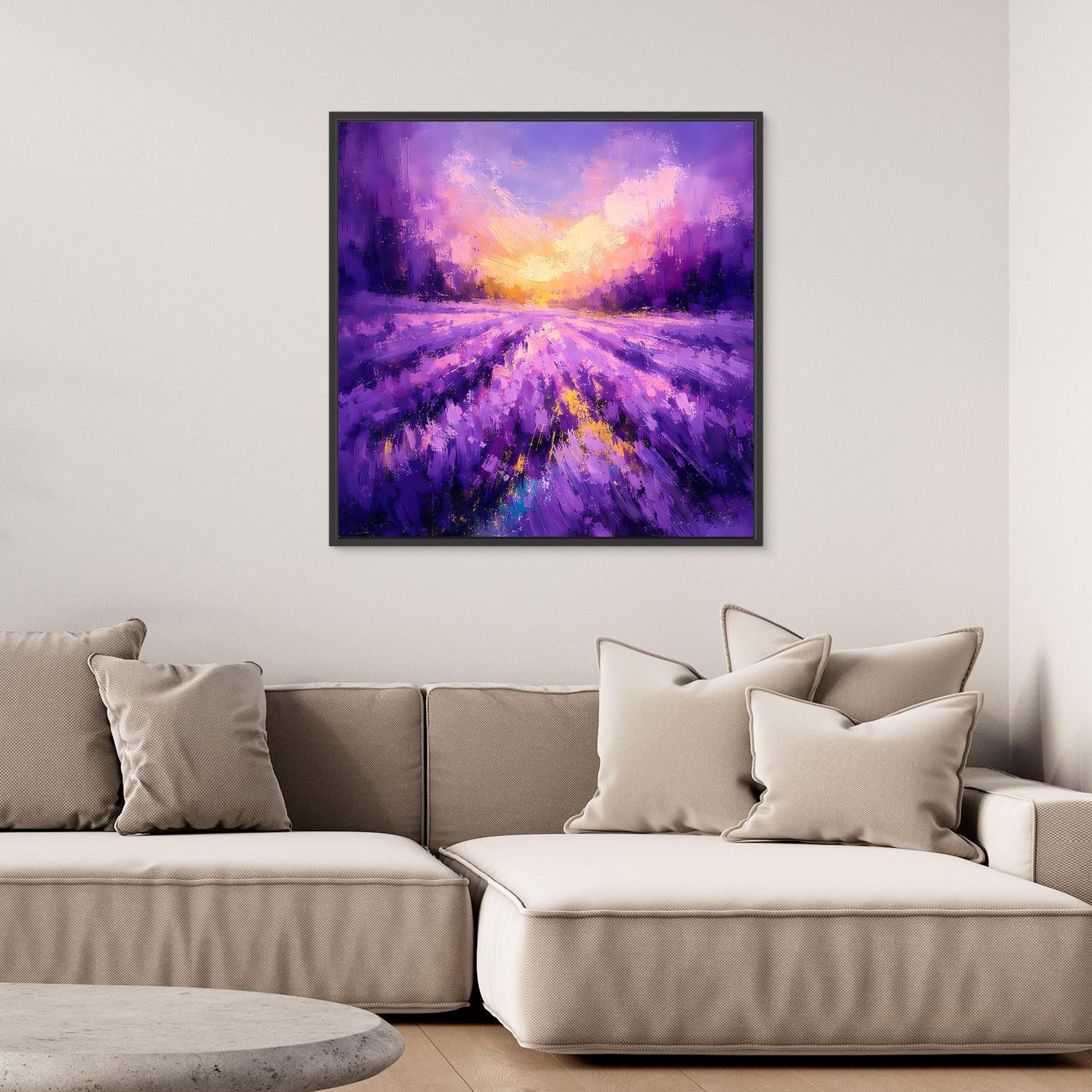 Leinwand-Wandbild mit lila Lavendelreihen, violettes Farbverlaufmotiv und goldener Sonne