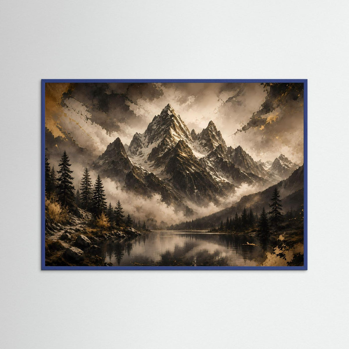 Postermotiv mit Bergpanorama, See und Nebel, blauer Rahmen