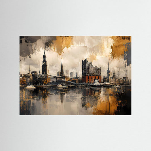 Hamburg Skyline am Hafen-Poster im Querformat mit abstrakten Gold-, Grau- und Schwarztönen