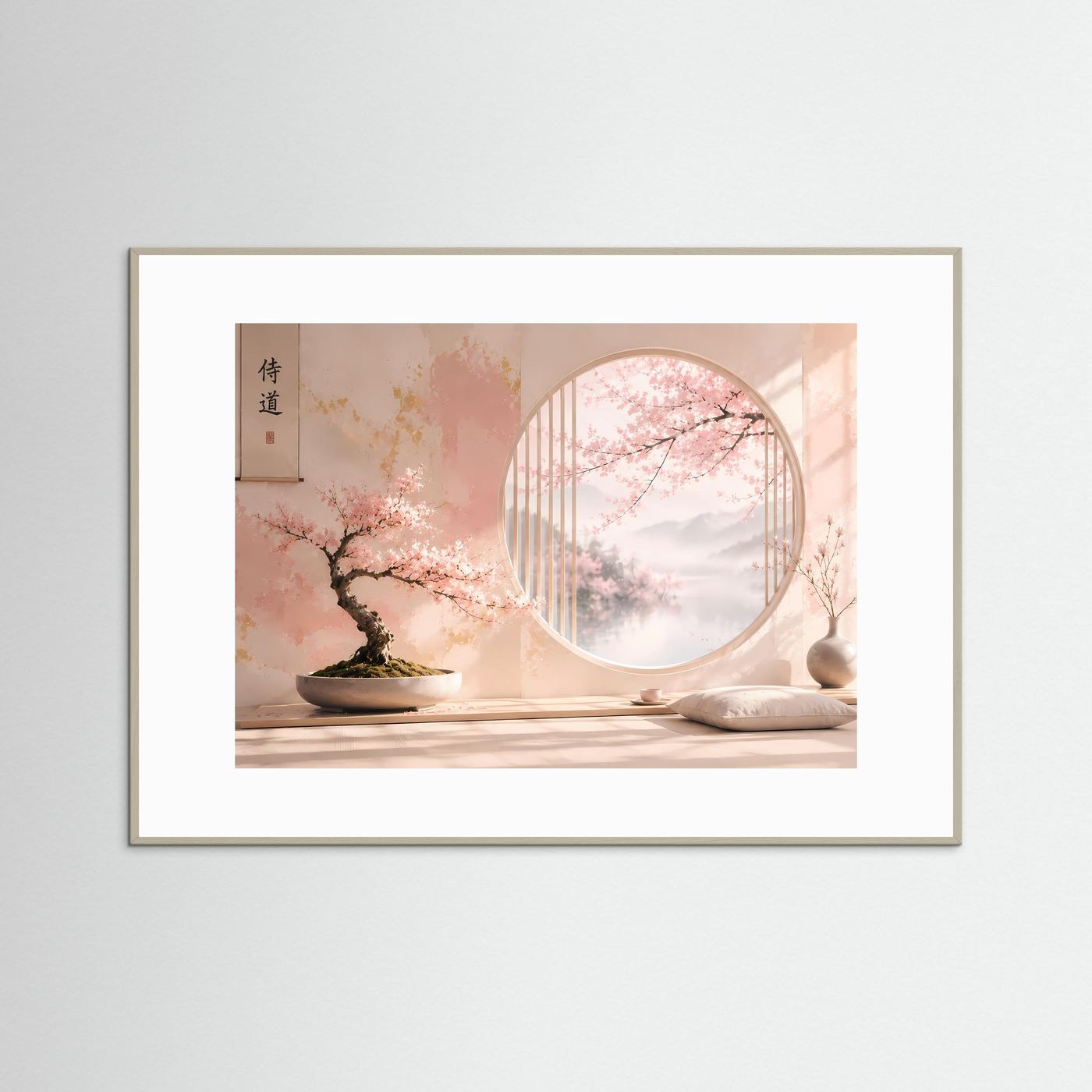 Japanischer Zen Garten mit Sakura Bonsai | Pastell Wandbild