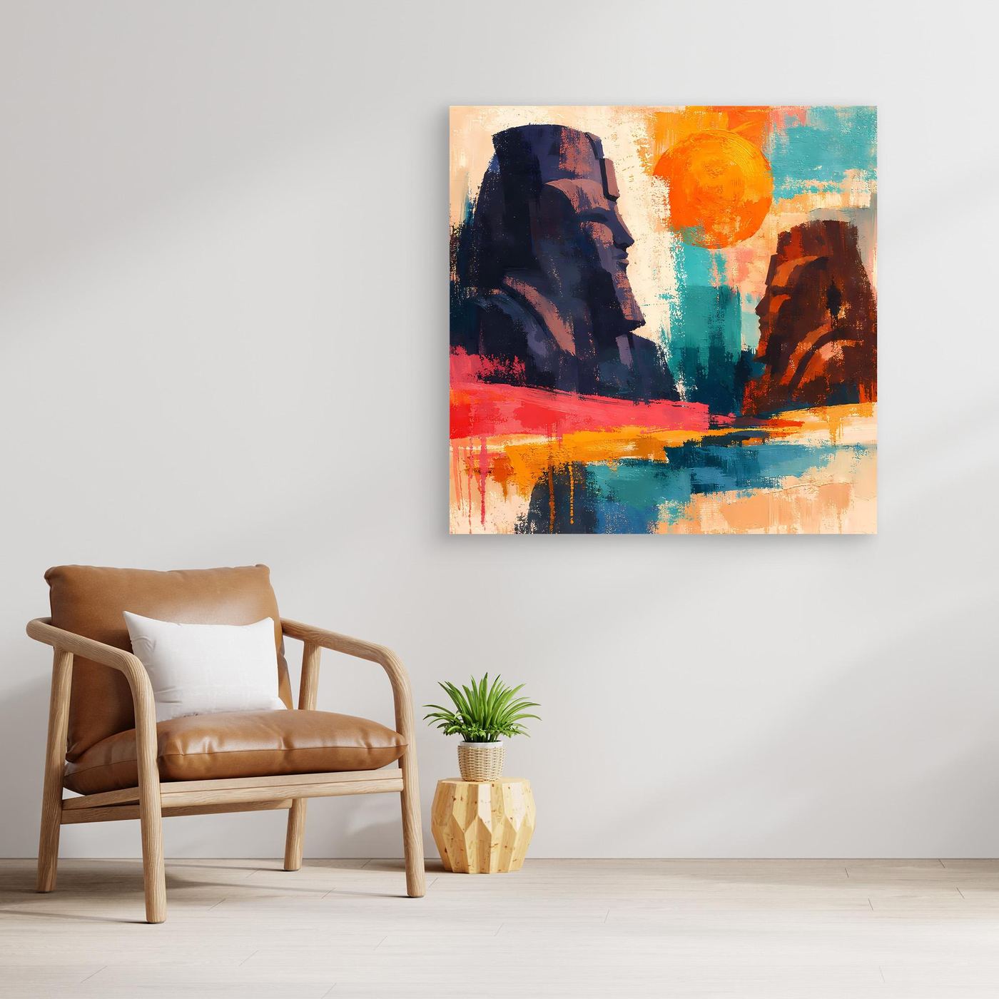 Leinwand-Wandbild mit abstrakten ägyptischen Figuren, mehrfarbig, ohne sichtbaren Rahmen