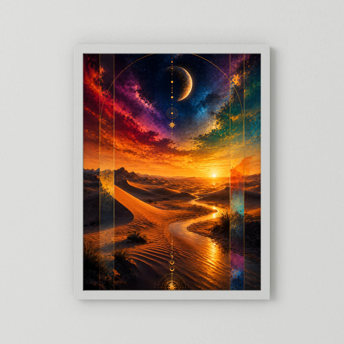 Poster Hochformat mit weißem Passepartout: kosmische Wüste, Mond und orangefarbener Himmel.