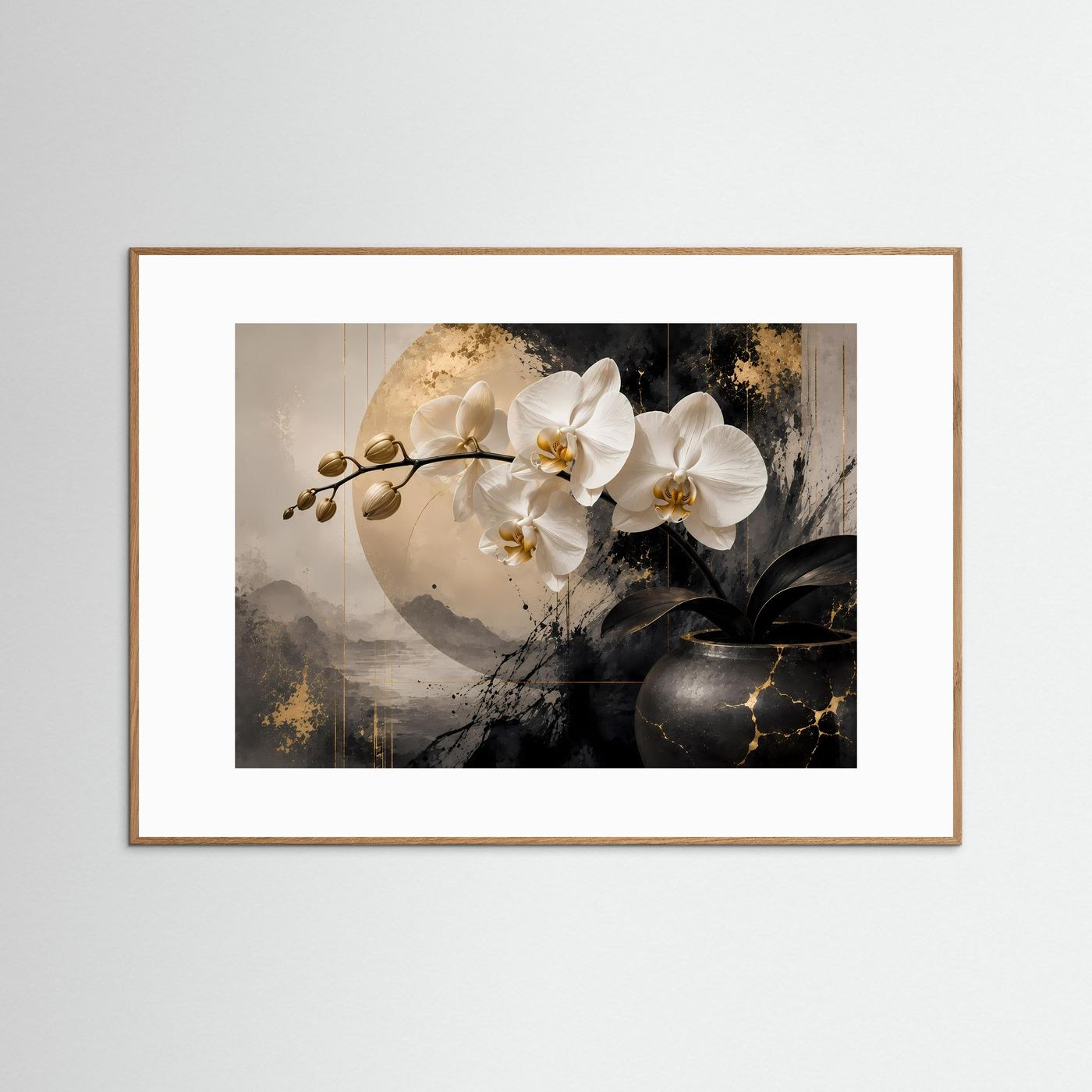 Elegante Orchidee in Schwarz, Weiß & Gold | Botanische & Abstrakte Kunst Wandbild